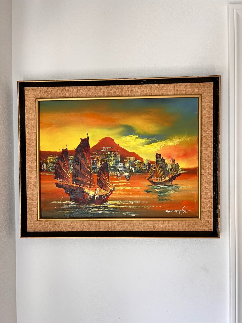 Signed William Tse Framed Oil Painting on Canvas Sailing Ships Sunset‎ Seascape